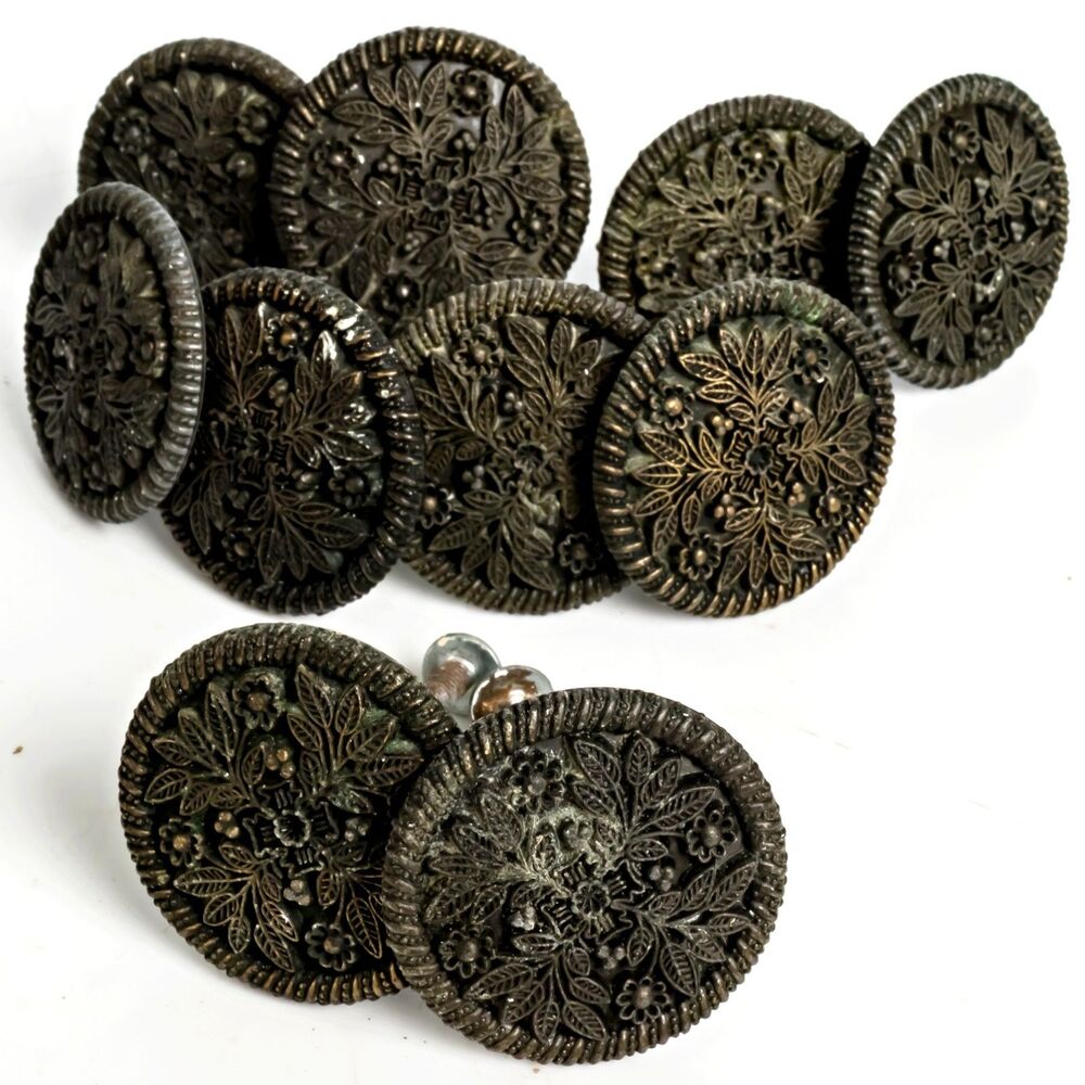 Vintage Japan 1079 Solid Brass Cabinet Knobs Ornate Floral Vintage Set/10 MCM